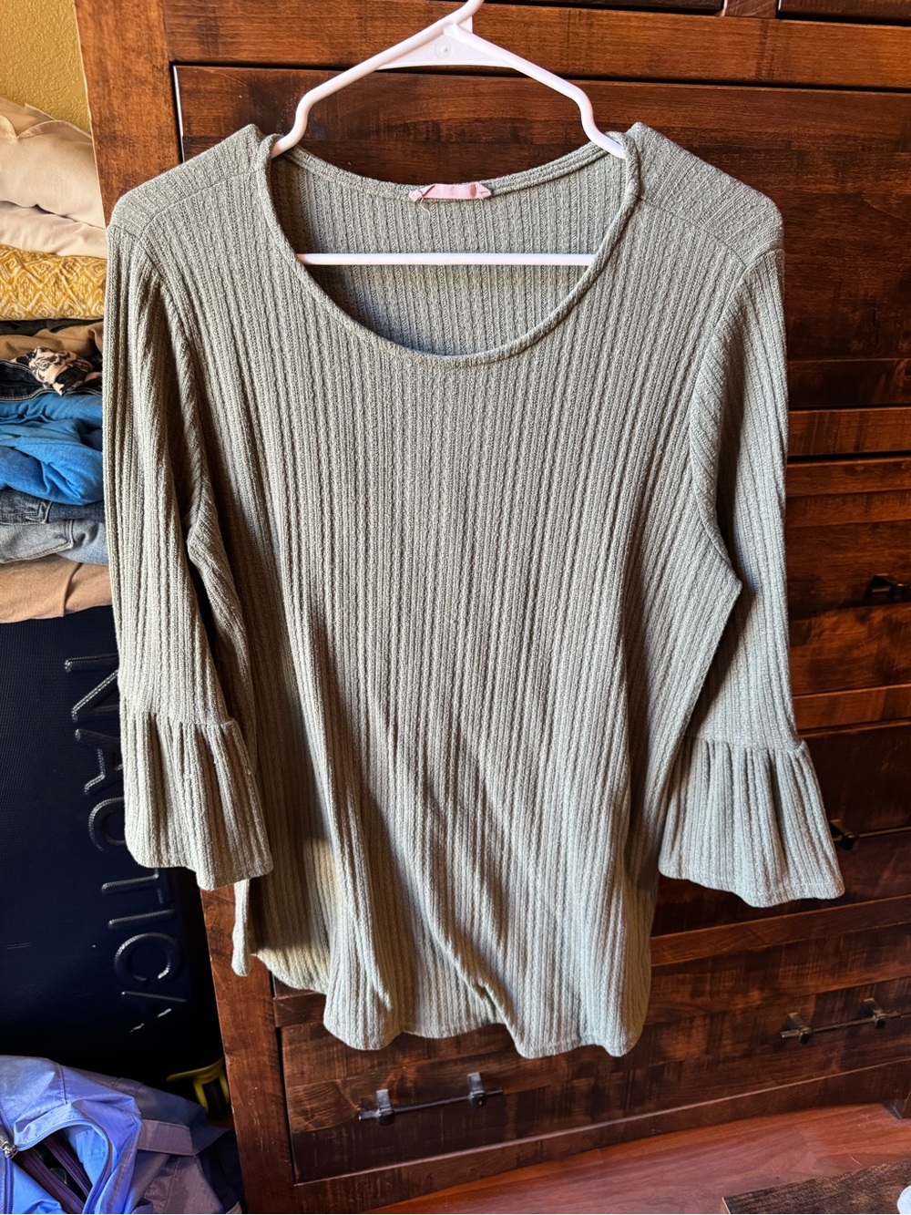 Women’s Olive Green Ribbed Bell-Sleeve Long Sleeve Top